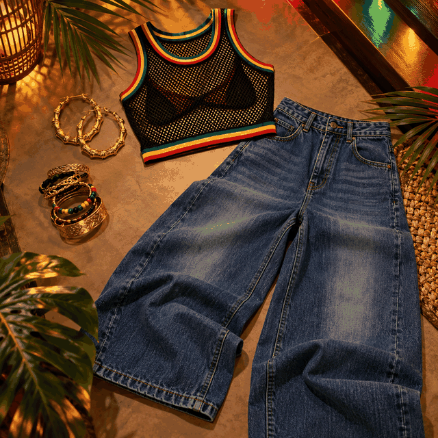 Mesh Top & Denim Pants