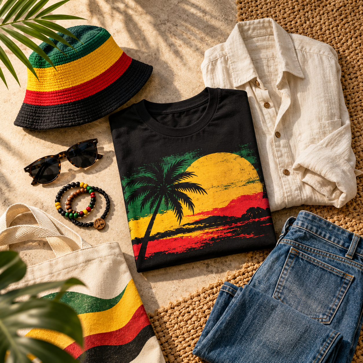 Reggae-inspired clothing flat lay